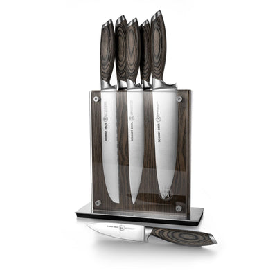 Schmidt Brothers Kitchen Cutlery Schmidt Brothers, Bonded Ash, 7-Piece Knife Set, High-Carbon Stainless Steel Cutlery with Black Ash Wood and Acrylic Magnetic Knife Block