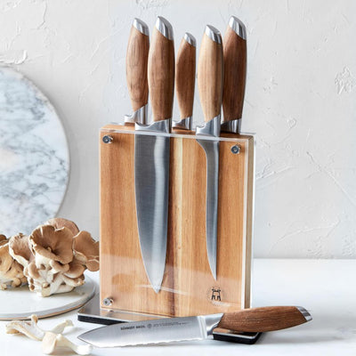 Schmidt Brothers Kitchen Cutlery Schmidt Brothers - Bonded Teak, 7-Piece Knife Set, High-Carbon Stainless Steel Cutlery with Acacia and Acrylic Magnetic Knife Block